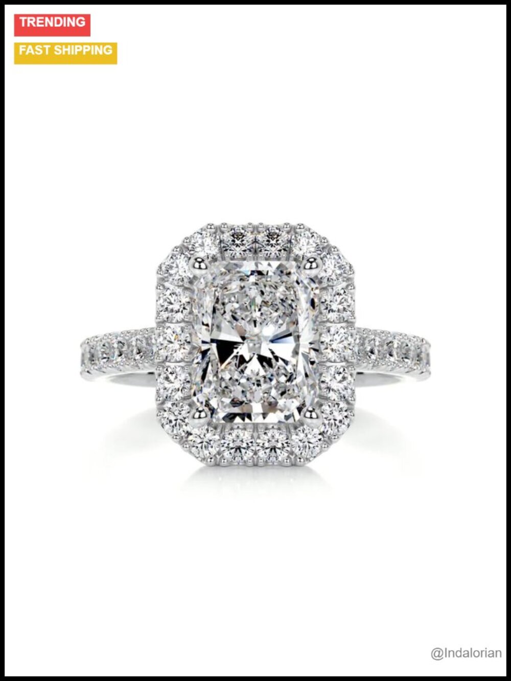 2 Carat Radiant Halo Moissanite Engagement Ring Platinum Plated Silver